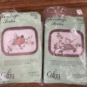 Lot of 2 Cathy Needlecraft Vintage Bird Patterns Robin Sparrow and Blossoms